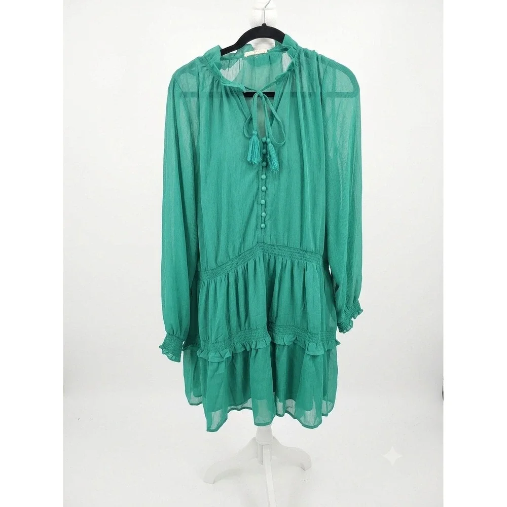 Easel Los Angeles Teal‎ Green Textured Chiffon Tiered Boho Mini Dress NWT Large